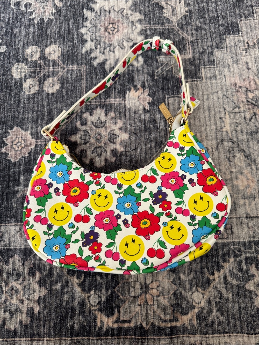 White Floral & Smiley Shoulder Bag with Gold Tag